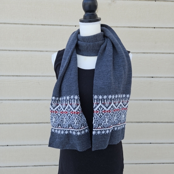 Eddie Bauer gray merino wool scarf with fair isle detail - Picture 1 of 4